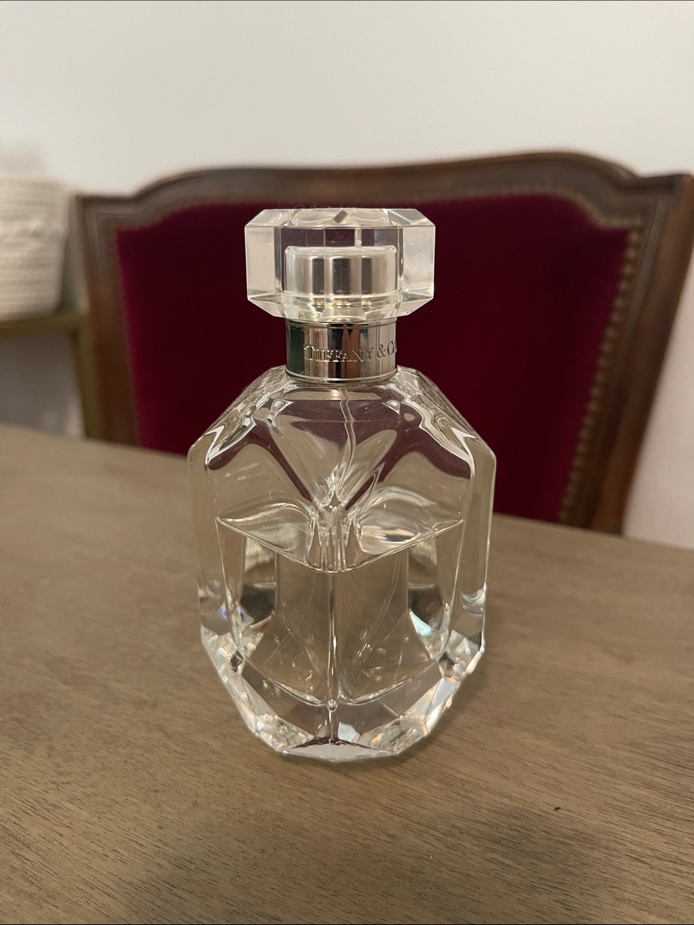 Tiffany & Co. Clear Crystal Perfume (used almost half) Decanter with Silver Neck